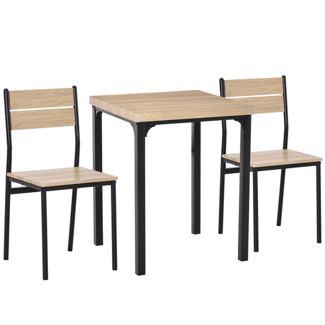 3 dalių valgomojo komplektas su mediniu stalu, MDF + metalas, natūralaus medžio raštas + juodas, 1 stalas + 2 kėdės