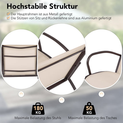 3 dalių terasos baldų komplektas su 2 kėdėmis ir stalu, ergonomiškomis sėdynėmis