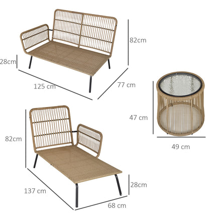 3 dalių rotango sodo baldų komplektas, 2 vietų sofa su šezlongu ir šoniniu staliuku, smėlio ir kavos spalvos