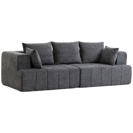 Trivietė pilka šenilinė sofa su debesimis ir pagalvėlėmis