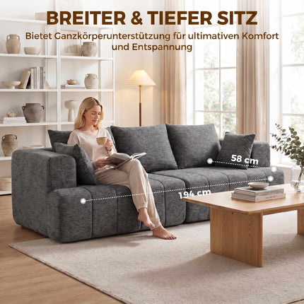 Trivietė pilka šenilinė sofa su debesimis ir pagalvėlėmis