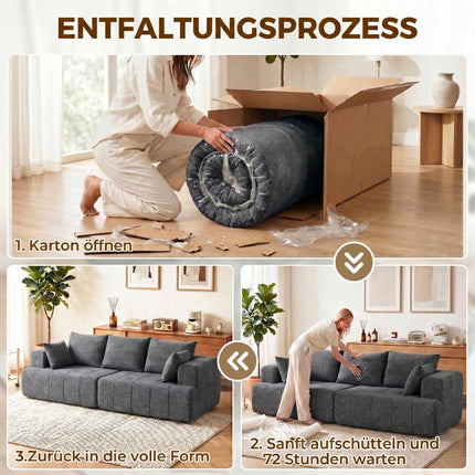 Trivietė pilka šenilinė sofa su debesimis ir pagalvėlėmis