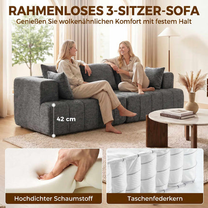 Trivietė pilka šenilinė sofa su debesimis ir pagalvėlėmis