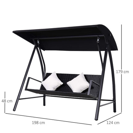 Trivietės Holivudo sūpynės, polirattano, metalinės, su pagalvėle, išlaiko iki 360 kg, naujos (juodos),