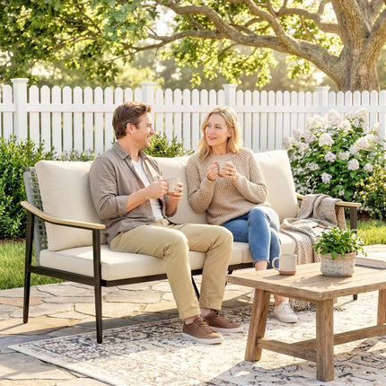 Trivietė lauko sofa iš rotango su pagalvėlėmis, plieninis rėmas