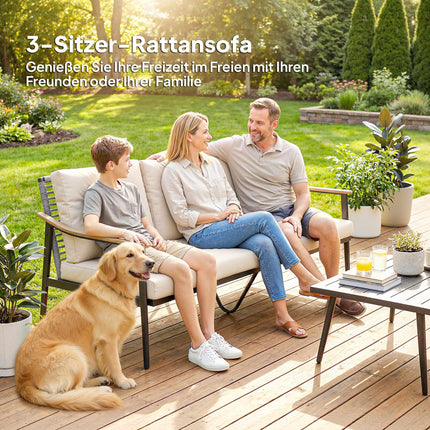 Trivietė lauko sofa iš rotango su pagalvėlėmis, plieninis rėmas