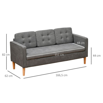 Trivietė sofa, audinė, dvigulė sofa, nuimama su pagalvėlėmis, guminė mediena, medvilnė, pilka, 166,5 x 62 x 82 cm