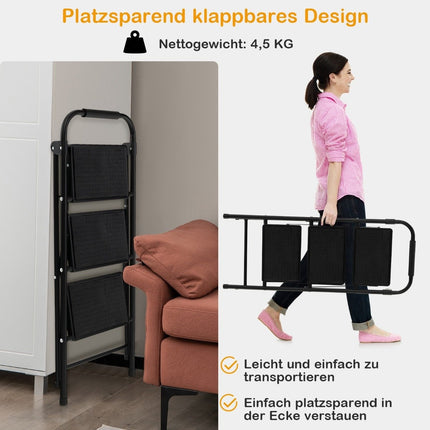 3 pakopų sulankstomos kopėčios, neslystančios, metalinės, juodos