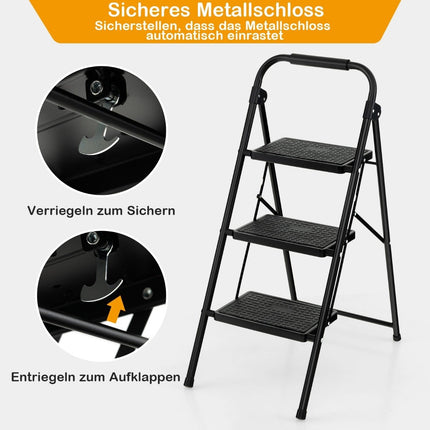 3 pakopų sulankstomos kopėčios, neslystančios, metalinės, juodos