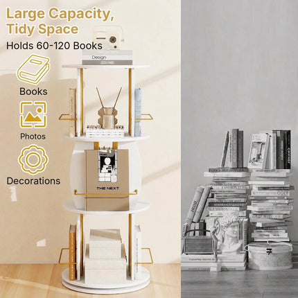 3-Tier 360° Spinning Bookshelf Tower with Display Stands, White & Golden