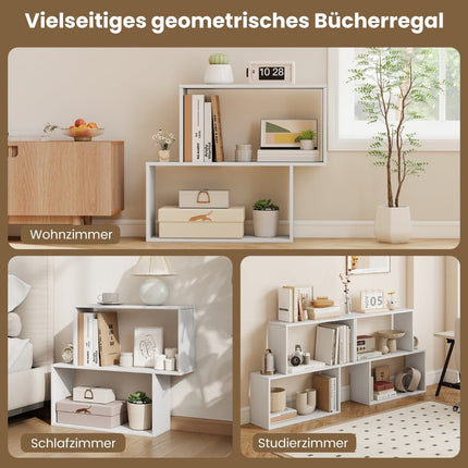 3 aukštų geometrinė knygų lentyna, balto medžio, 2 kubo formos lentynos