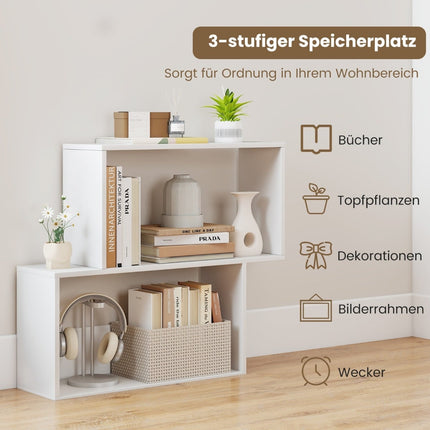 3 aukštų geometrinė knygų lentyna, balto medžio, 2 kubo formos lentynos