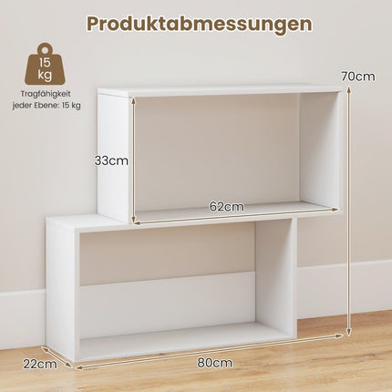 3 aukštų geometrinė knygų lentyna, balto medžio, 2 kubo formos lentynos