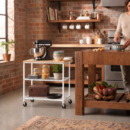 3-Tier Kitchen Trolley with Castors and Wood-Effect Top, White, 10 kg per Tier