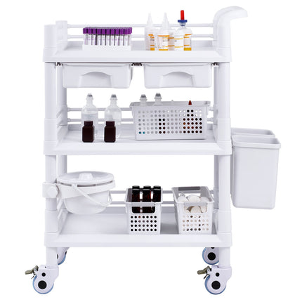 3-Tier Lab Cart, 3 Trays, 3 Trash Cans, Locking Wheels