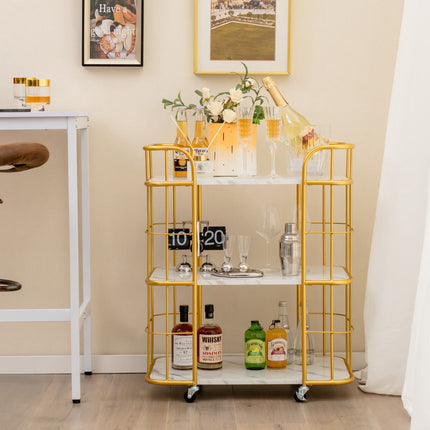 3 pakopų metalinis virtuvės serviravimo vežimėlis, dirbtinio marmuro stalviršis, ratukai