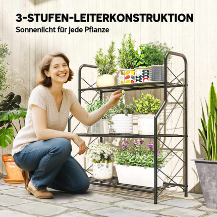 3 pakopų metalinis augalų stovas su rankenomis, 78 cm, juodas