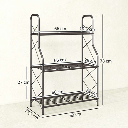 3 pakopų metalinis augalų stovas su rankenomis, 78 cm, juodas