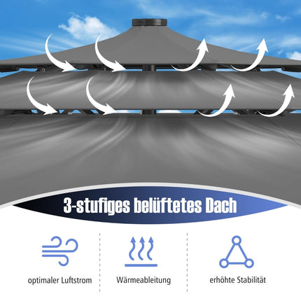 3 pakopų terasos skėtis su saulės energija varomomis LED lemputėmis, pilkas