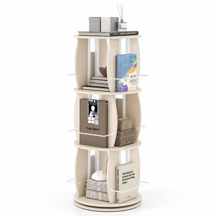 3-Tier Rotating Bookshelf Tower with Display Stands, Light Oak, 360° Swivel