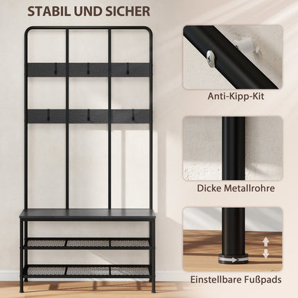 3 viename paltų kabykla su suoliuku ir batų lentyna, juodo metalo