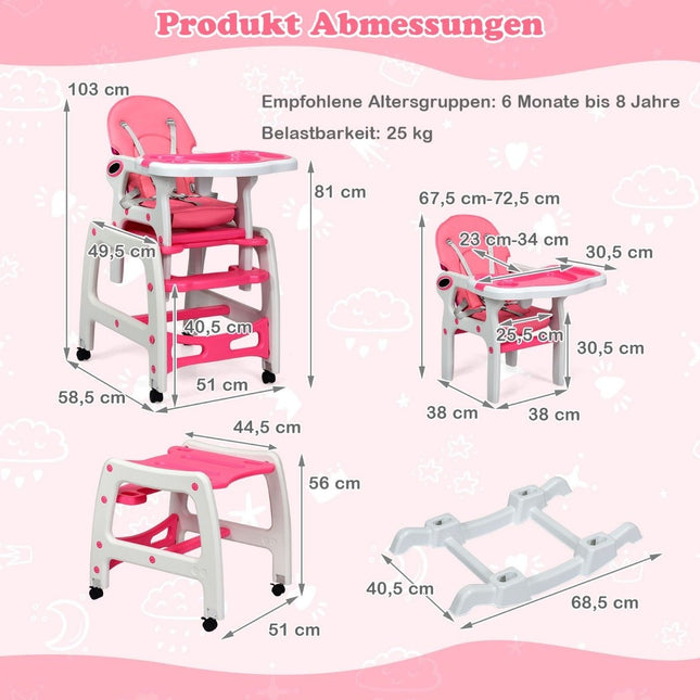 3 viename transformuojama vaikiška maitinimo kėdutė su padėklu, rožinė