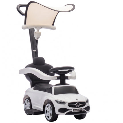3 viename vaikiškas važiuojamasis automobilis su stūmimo rankena, baltas