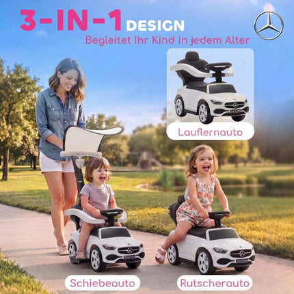 3 viename vaikiškas važiuojamasis automobilis su stūmimo rankena, baltas