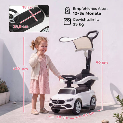 3 viename vaikiškas važiuojamasis automobilis su stūmimo rankena, baltas