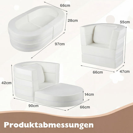 3 viename vaikiška sofa-lova su minkštu putplasčiu ir pagalve, smėlio spalvos