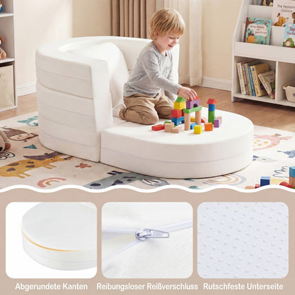 3 viename vaikiška sofa-lova su minkštu putplasčiu ir pagalve, smėlio spalvos