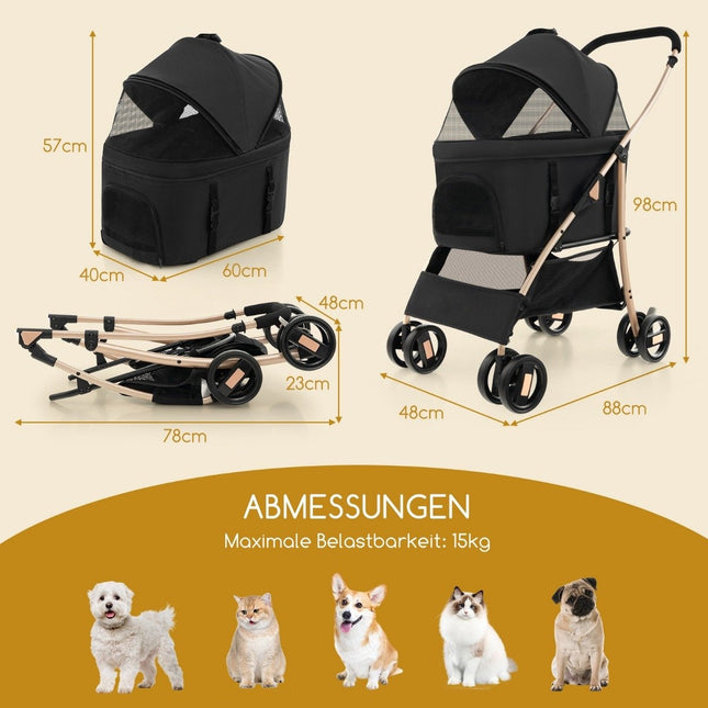 3 viename vežimėlis augintiniams, sulankstomas, iki 15 kg, juodas