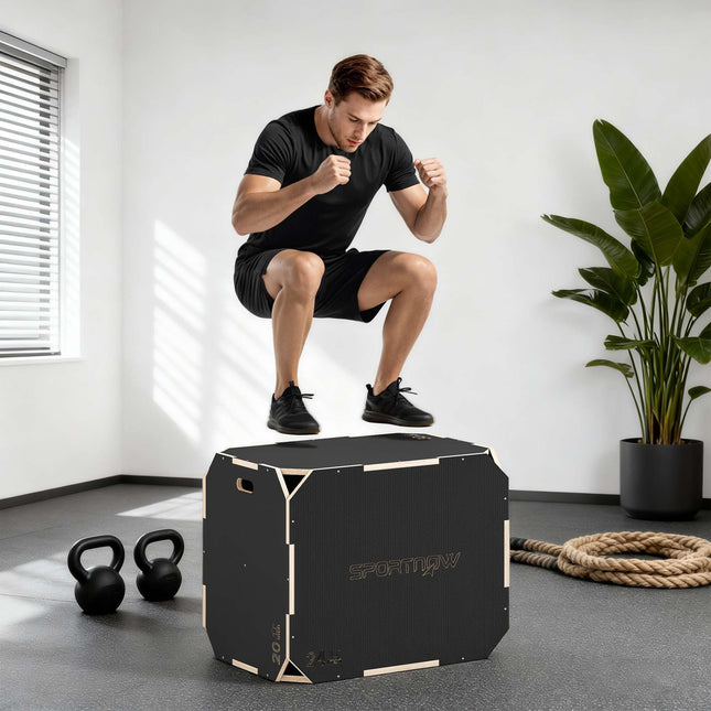 3 viename Plyo dėžutė su rankenomis, medinė, juoda, 3 aukščiai