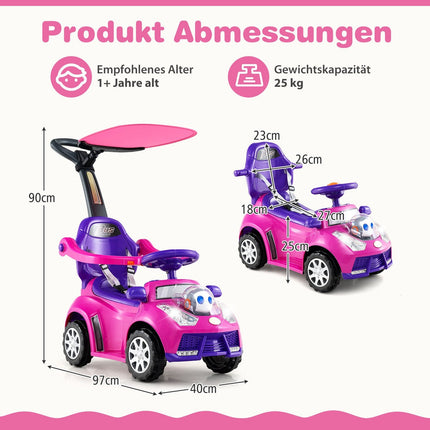 3 viename važiuojamasis automobilis su stūmimo rankena ir daiktadėže, rožinis
