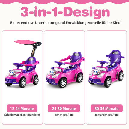 3 viename važiuojamasis automobilis su stūmimo rankena ir daiktadėže, rožinis