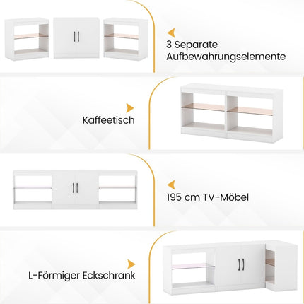 3 viename televizoriaus stovas su LED apšvietimu, reguliuojamomis lentynomis, maks. 85 colių