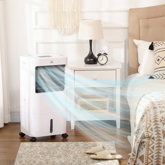 3 viename mobilus oro kondicionierius su oro drėkinimu, vandens aušinimu, 15 l, 60° osciliacinis oro kondicionierius, 65 W oro aušintuvas su 8 val. laikmačiu, nuotolinio valdymo pultu, užima 20 vnt., baltos spalvos, 32 x 37 x 69 cm.