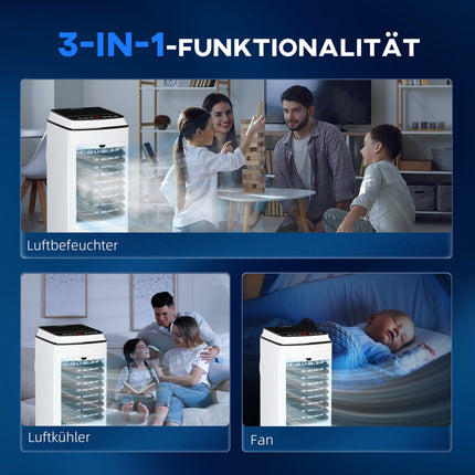 3 viename mobilus oro kondicionierius su oro drėkinimu, vandens aušinimu, 60° svyruojantis 4 l oro kondicionierius su 8 val. laikmačiu, miego režimais, 75 W oro aušintuvu su nuotolinio valdymo pultu, 20? Baltas