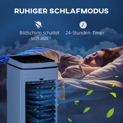 3 viename mobilus oro kondicionierius su oro drėkinimu, vandens aušinimu, 60° svyruojantis 4 l oro kondicionierius su 8 val. laikmačiu, miego režimais, 75 W oro aušintuvu su nuotolinio valdymo pultu, 20? Baltas