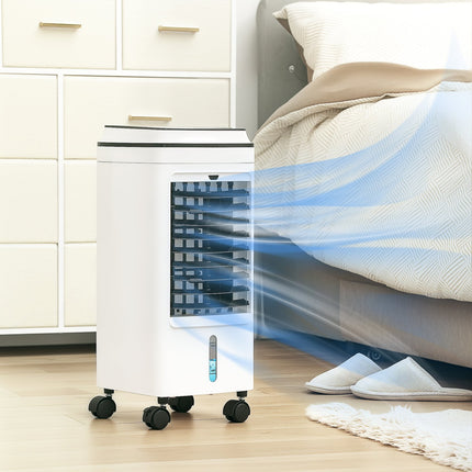3 viename mobilus oro kondicionierius su oro drėkinimu, vandens aušinimu, 60° svyruojantis 4 l oro kondicionierius su 8 val. laikmačiu, miego režimais, 75 W oro aušintuvu su nuotolinio valdymo pultu, 20? Baltas