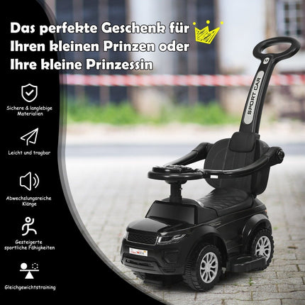 3 viename stumiama transporto priemonė su nuimama stūmimo rankena ir apsauginiu strypu, juoda