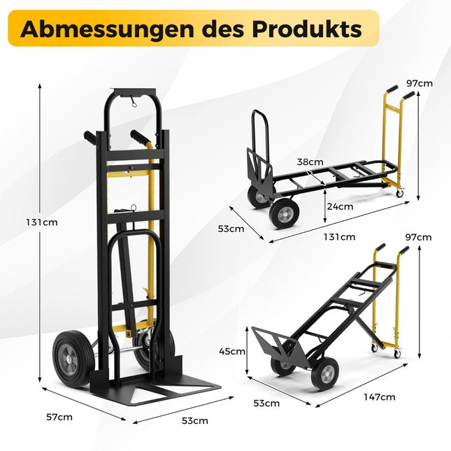 3 viename maišų vežimėlis su 4 guminėmis padangomis ir rišimo virve, rankinis vežimėlis, galintis vežti iki 360 kg / 450 kg.