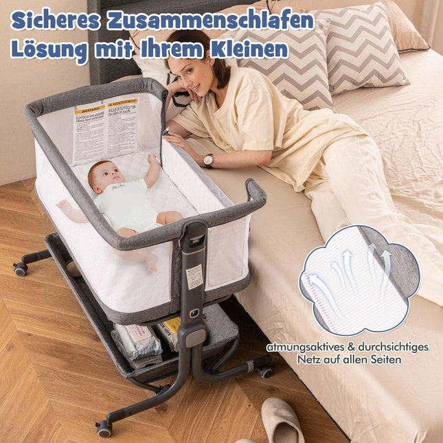 3 viename šoninė lova kūdikiui su čiužiniu, kūdikio lova, 6 skyriai, reguliuojamo aukščio, su daiktadėže, tamsiai pilka