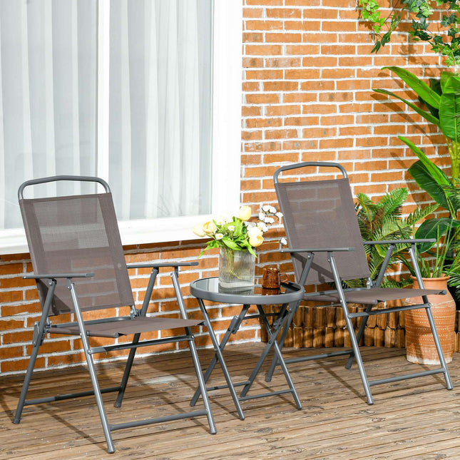 3 dalių bistro komplektas iš metalo, atsparus oro sąlygoms sodo baldų komplektas su sulankstomu stikliniu stalu, sodo kėdės, lauko balkono baldų komplektas, sėdimoji grupė, balkono komplektas, sodo baldai, ruda spalva