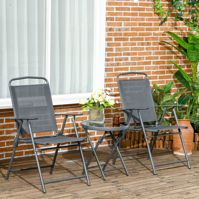 3 dalių bistro komplektas iš metalo, atsparus oro sąlygoms sodo baldų komplektas su sulankstomu stikliniu stalu, sodo kėdės, lauko balkono baldų komplektas, sėdimoji grupė, balkono komplektas, sodo komplektas, tamsiai pilka spalva