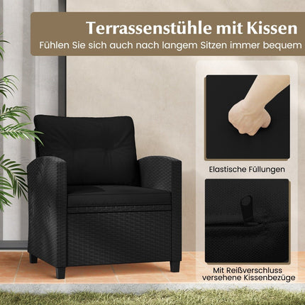 3 dalių rotango sodo baldų komplektas su 2 foteliais ir 1 šoniniu staliuku, sėdimoji dalis su pagalvėlėmis, juodas