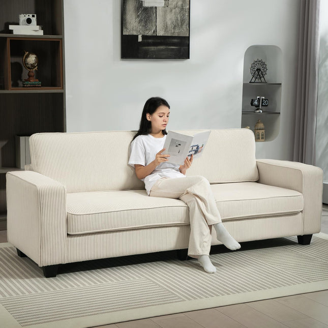 Trivietė sofa, sofa su porankiais, nugaros pagalvėlėmis, svetainės sofa su virvelės užvalkalu, spyruokliniu užpildu, minkšta svetainės sofa, miegamasis 227 x 84 x 87 cm, kreminės baltos spalvos