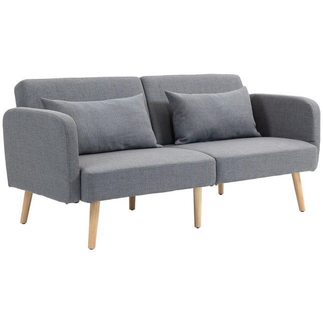 Trivietė sofa su miegojimo funkcija, 170x83x80 cm, su 3 padėčių reguliuojamu atlošu ir kojelėmis, banguotomis spyruoklėmis, dekoratyvinėmis pagalvėlėmis, lino imitacija, pilka