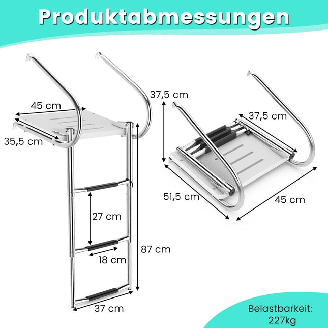 3 pakopų sulankstomos teleskopinės valties kopėčios su stiklo pluošto platforma ir 2 turėklais 51,5 x 45 x 37,5 cm