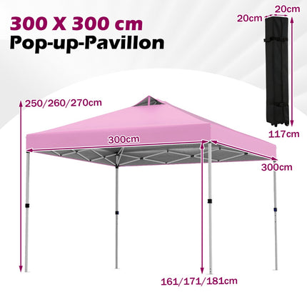 3 x 3 m rausvas išskleidžiamas paviljonas su smėlio maišais ir kuoliukais